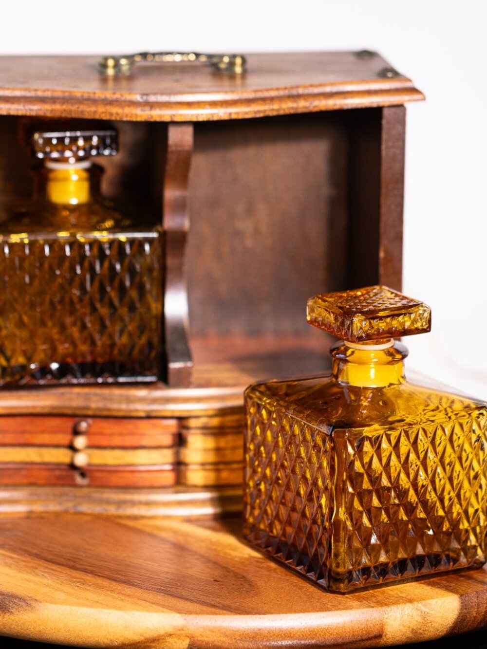Vintage Amber Glass Decanter Set with Wooden Case | Retro Whiskey Decanter